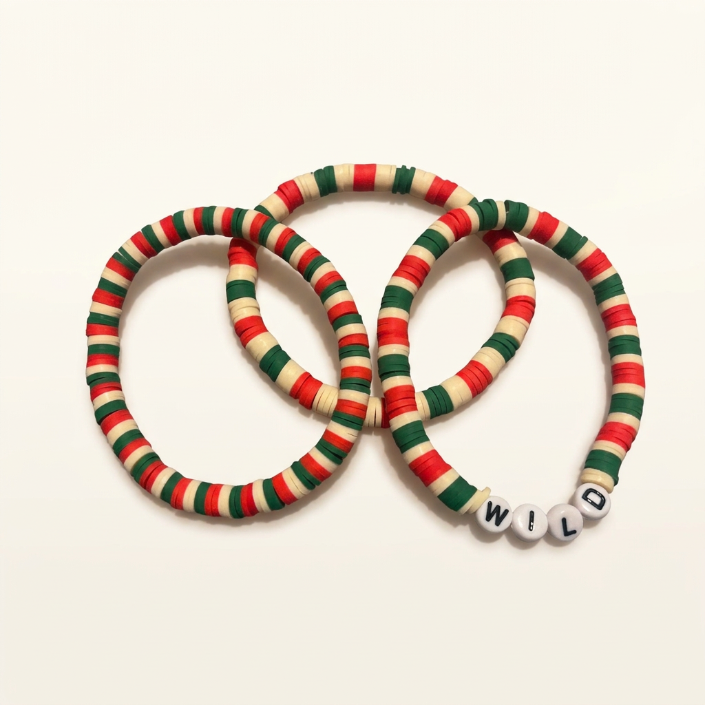 Three red, green, and cream beaded bracelets, one with WILD letter beads, on a white background.