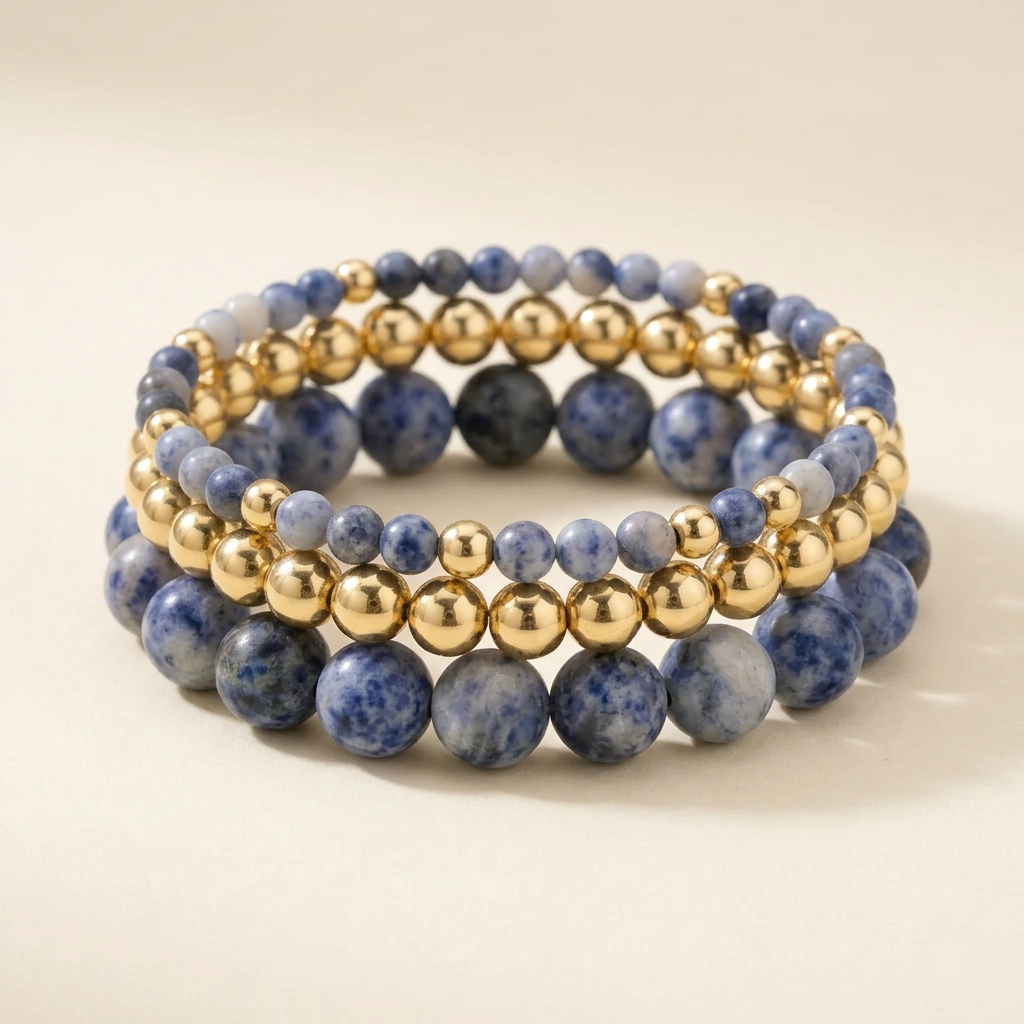 Blue Spot Jasper and gold-plated three-bracelet set arranged in a stack on a warm ivory background