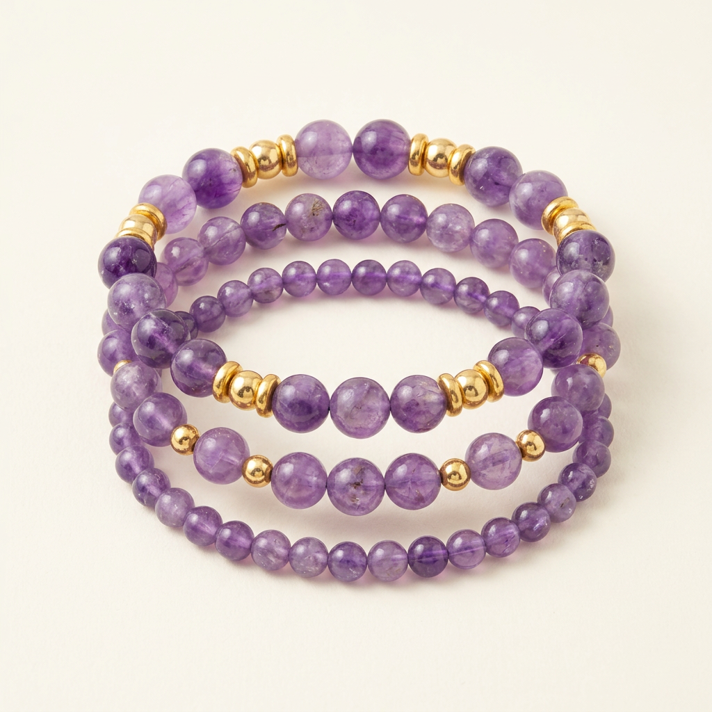 Handmade purple amethyst three-bracelet stack with gold accents on a warm ivory background