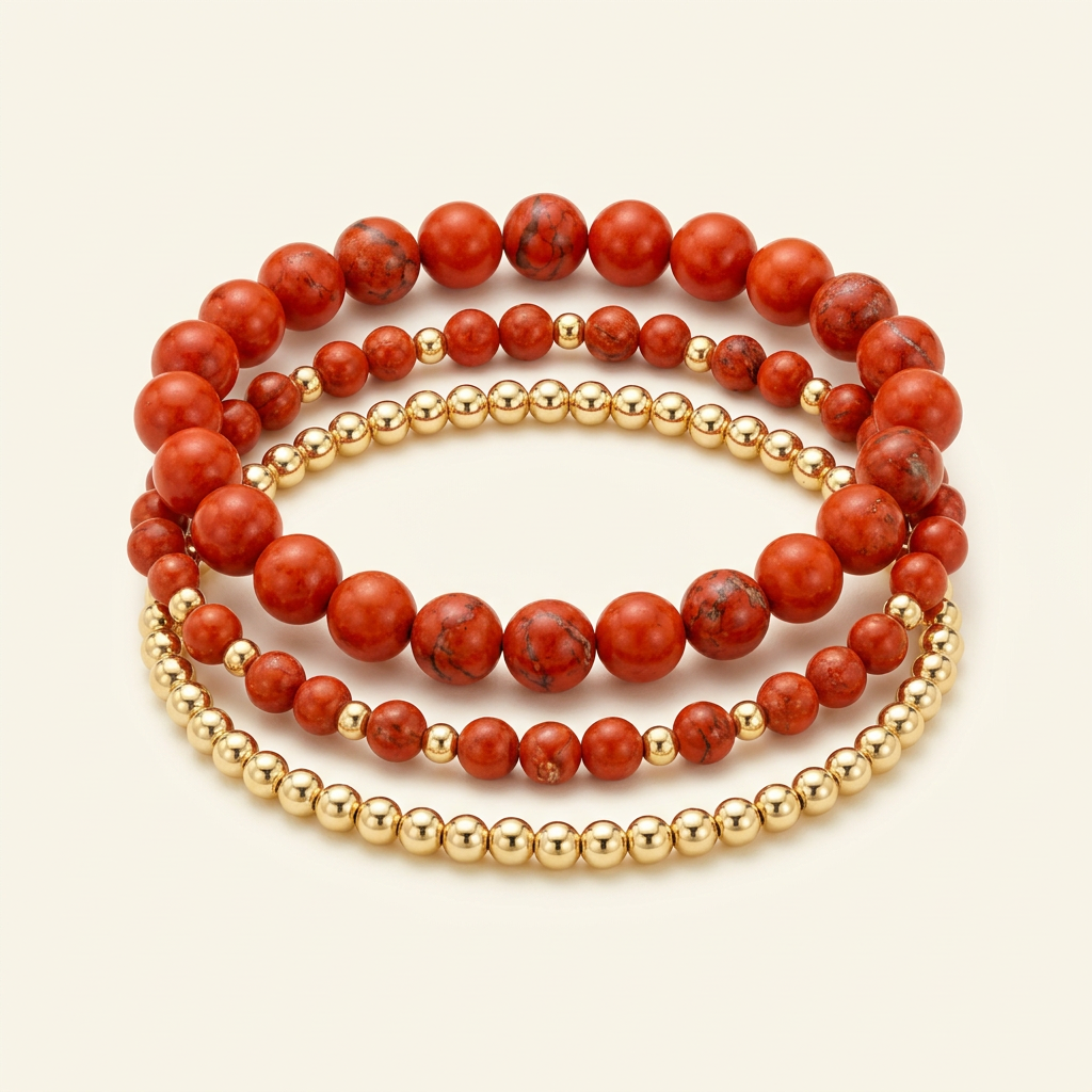 Handmade red jasper and gold-plated three-bracelet stack on a warm ivory background