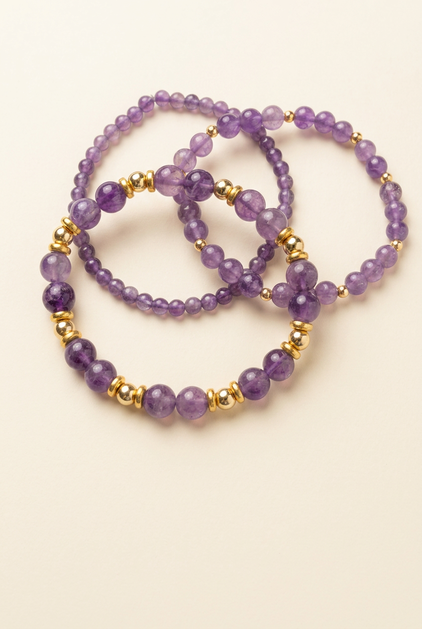 Three purple amethyst bracelets with gold-plated spacers on a warm ivory background