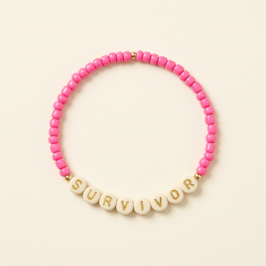 Pink Survivor handmade seed bead bracelet with cream letter beads on an ivory background