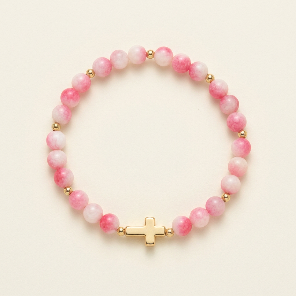 Tourmaline Jade bracelet with gold-plated spacers and a gold-color cross on a warm ivory background
