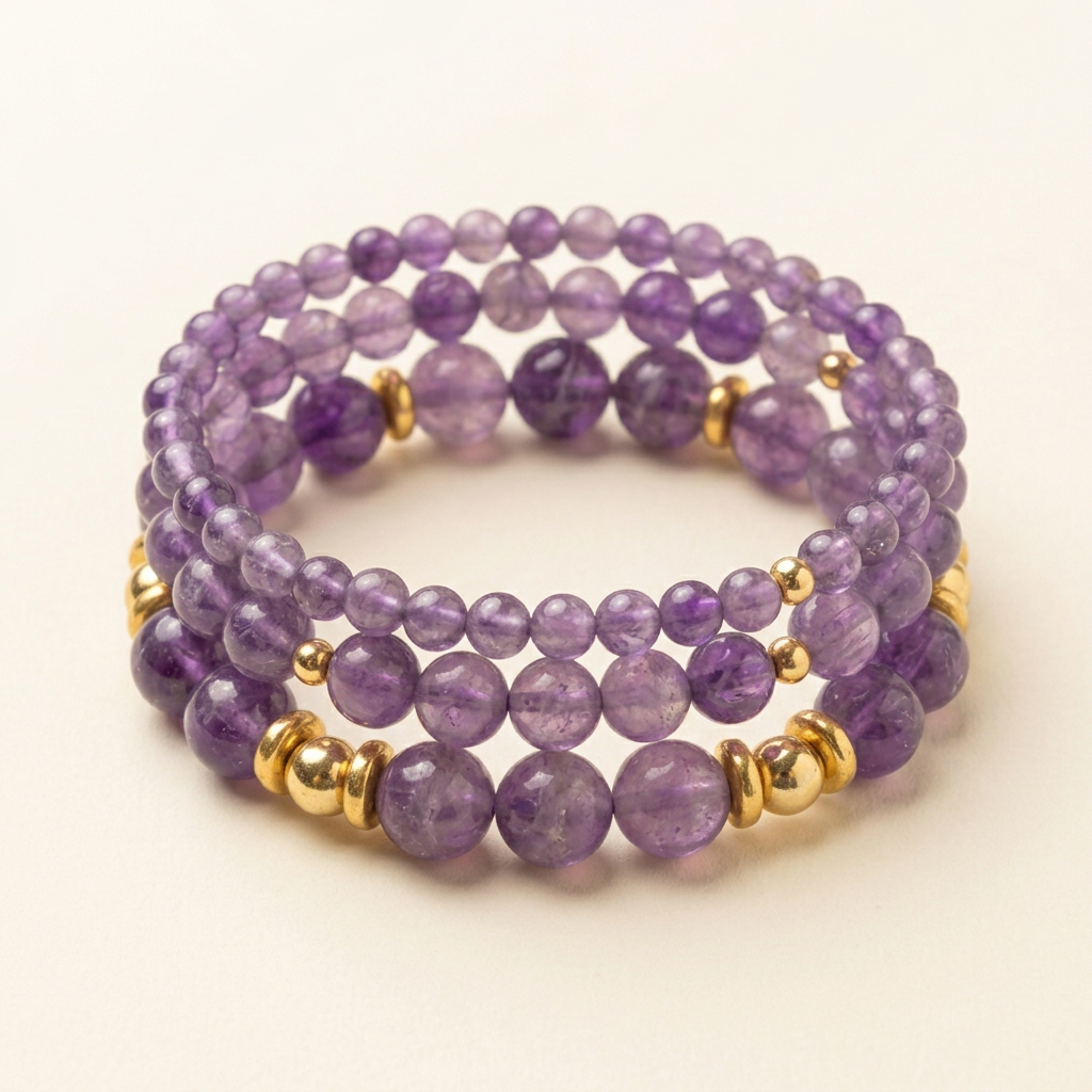 Amethyst and gold-plated bracelet trio arranged in a stack on a warm ivory background