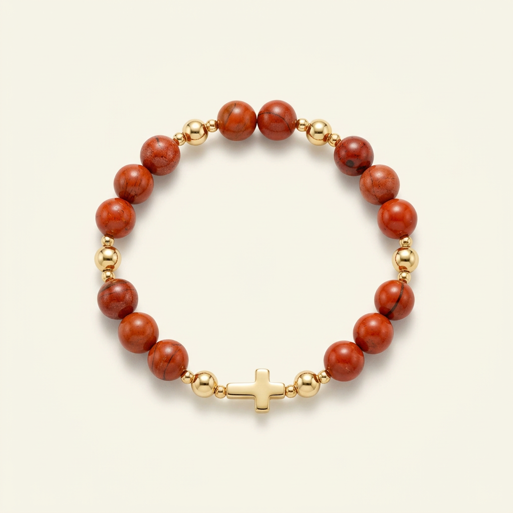 Red jasper bracelet with gold-plated spacers and a gold-colored cross arranged in a circle on a warm ivory background