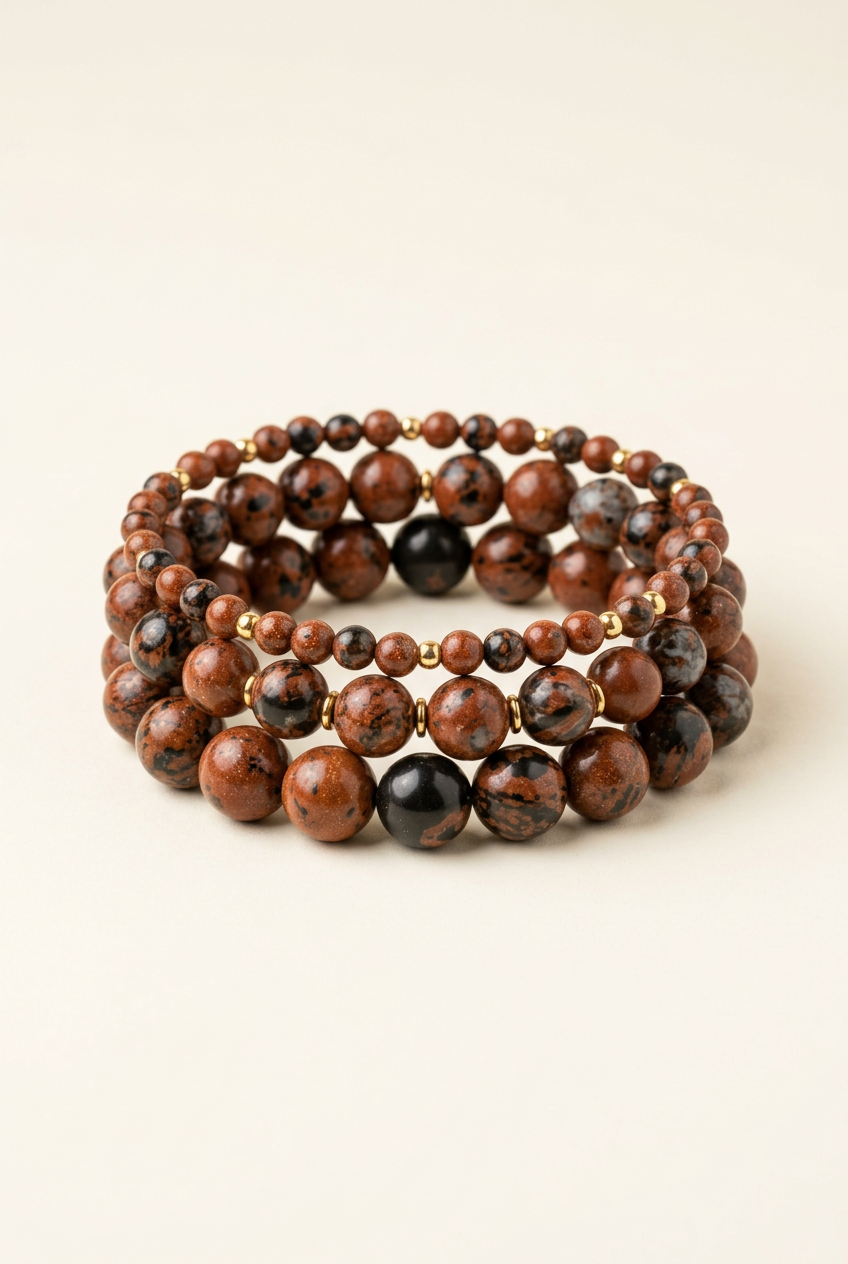 Handmade mahogany obsidian three-bracelet stack with gold-plated accents on a warm ivory background