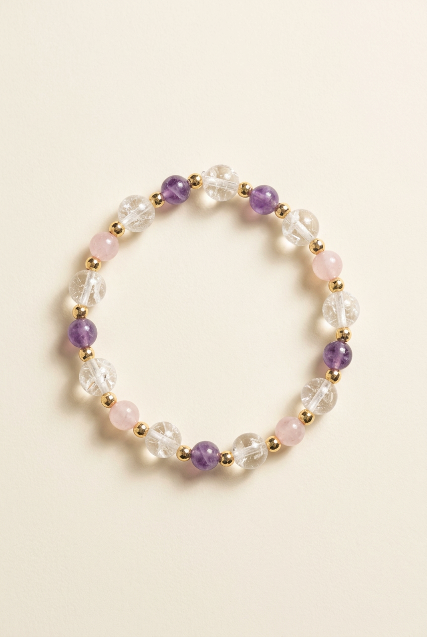 Purple amethyst, pink quartz and clear quartz bracelet with gold-plated spacers on ivory