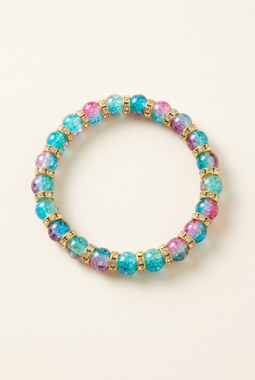 Multicolored glass bead bracelet with gold-colored spacers on an off-white background