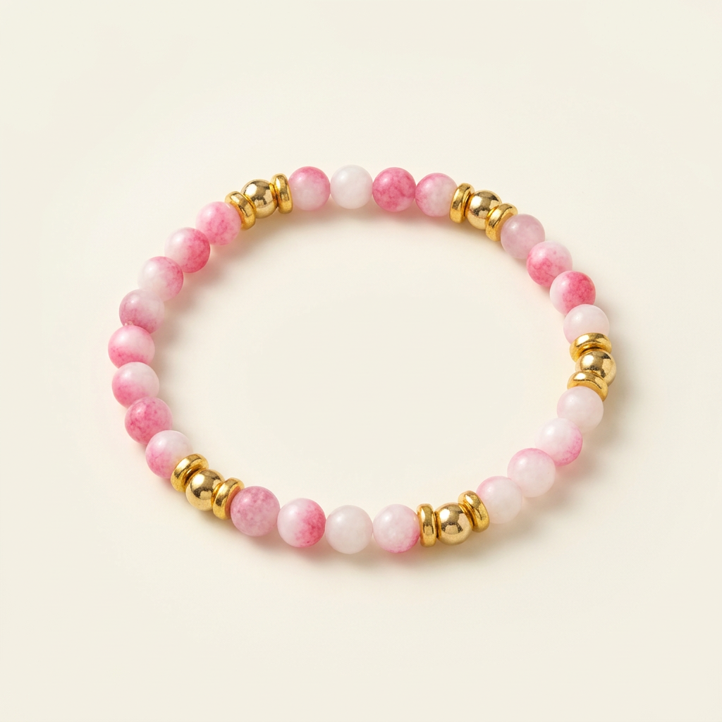 Handmade tourmaline jade bracelet with gold-plated spacers on a warm ivory background