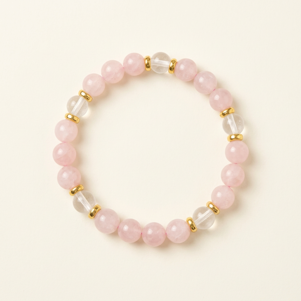 Pink and clear quartz bracelet with gold-colored spacers on a warm ivory background