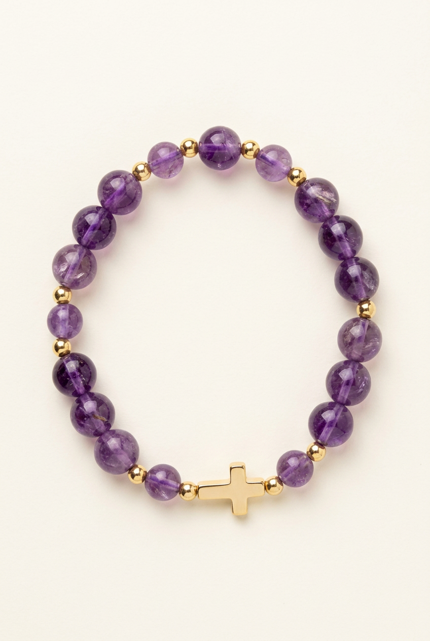 Purple amethyst bracelet lying flat on an ivory background with gold colored spacers and the gold colored cross facing the camera