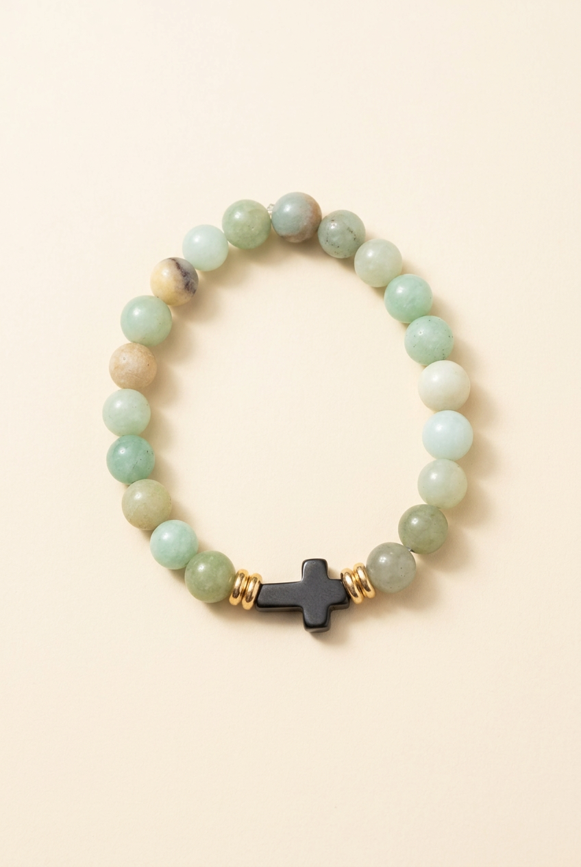Cloudy jade bracelet with a black cross on a warm ivory background