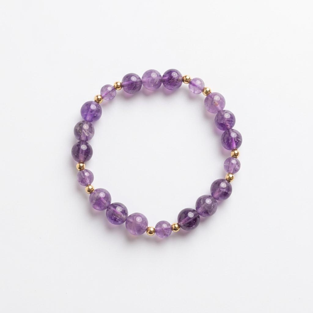 Purple amethyst bracelet with gold-plated spacers on a white background