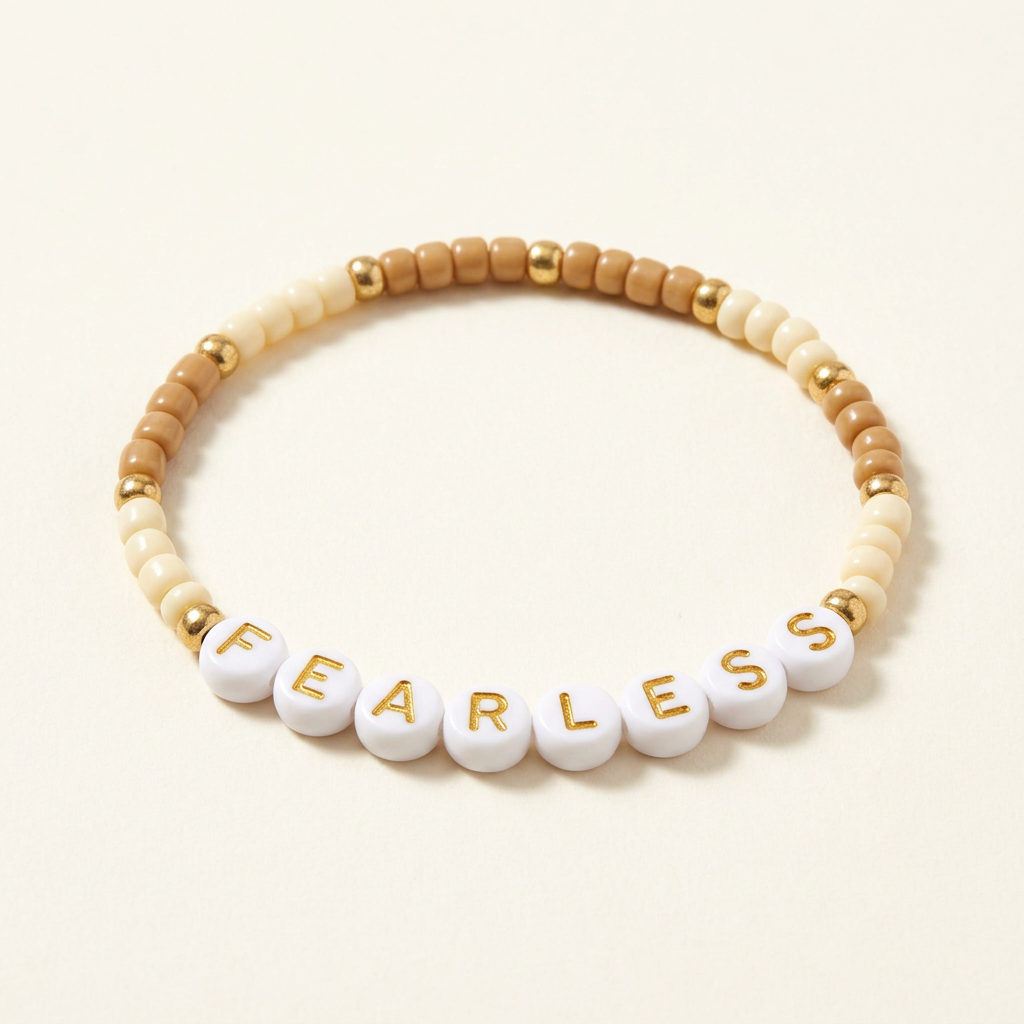 Fearless bracelet with tan and cream beads and gold-tone accents on an ivory background