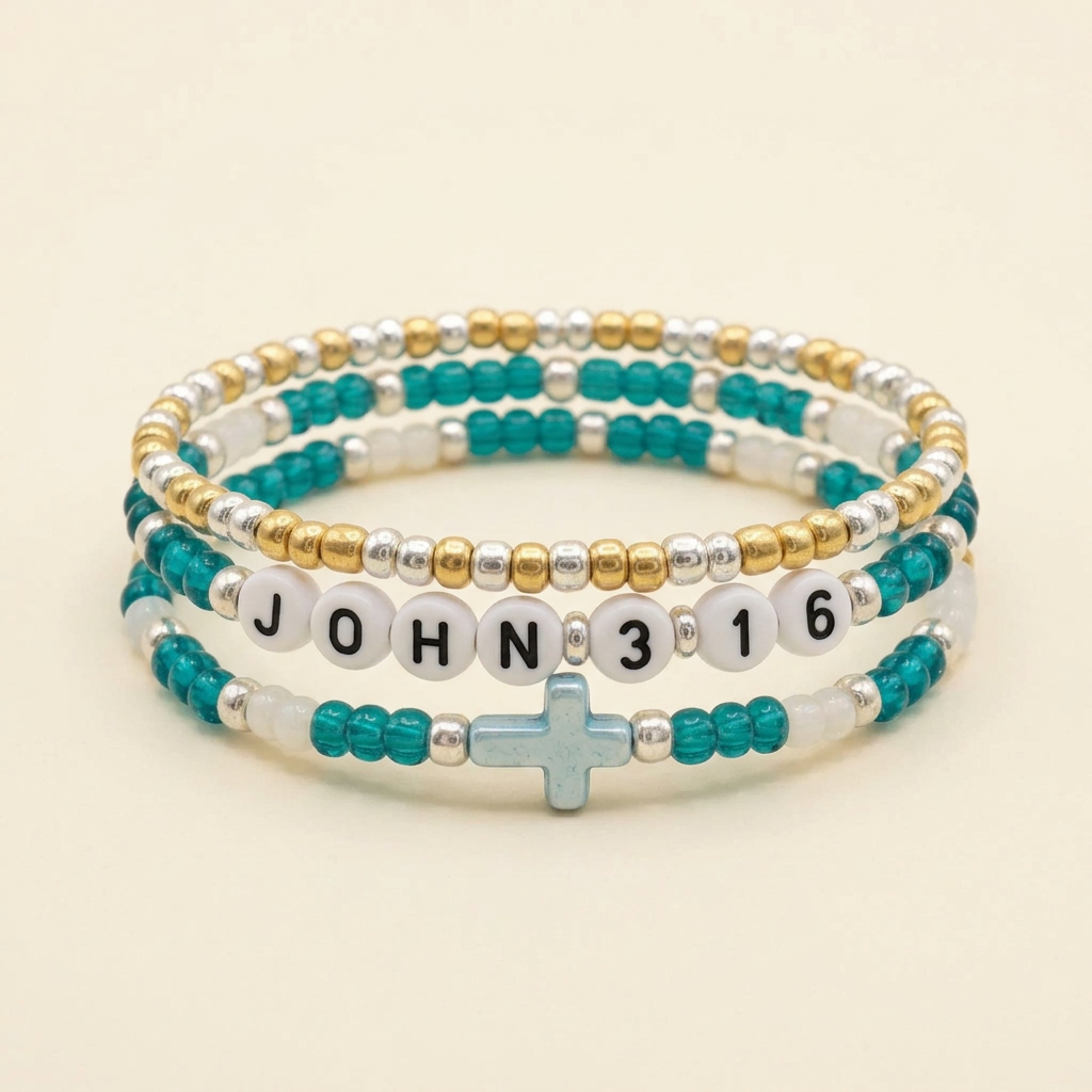 Teal and White Cross Faith Bracelet Set arranged in a stack on a warm ivory background