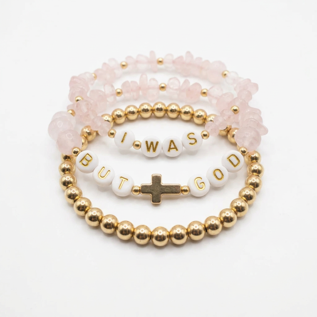 I WAS / BUT GOD Rose Quartz Faith Bracelet Set without the display cone