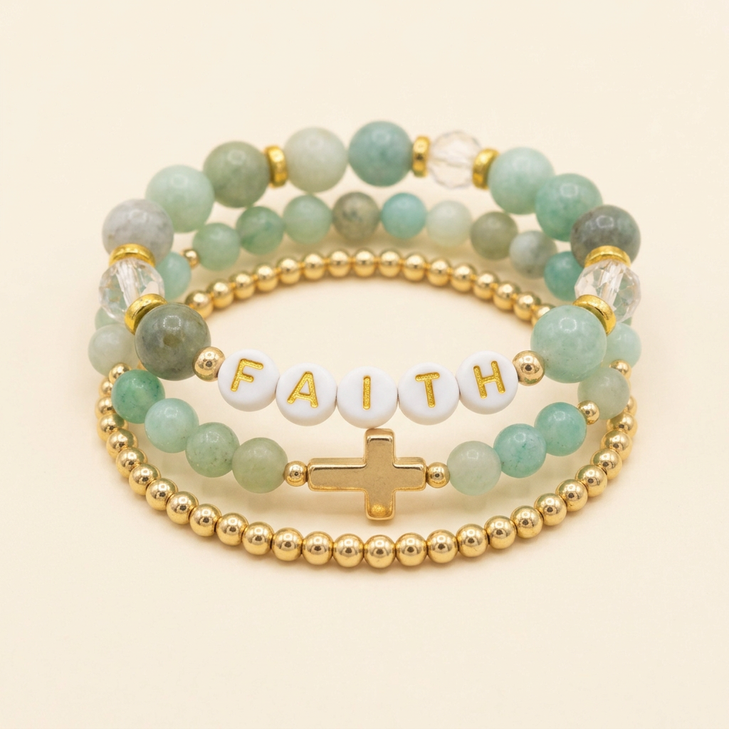 Natural smooth amazonite faith bracelet set arranged in a stack on a warm ivory background