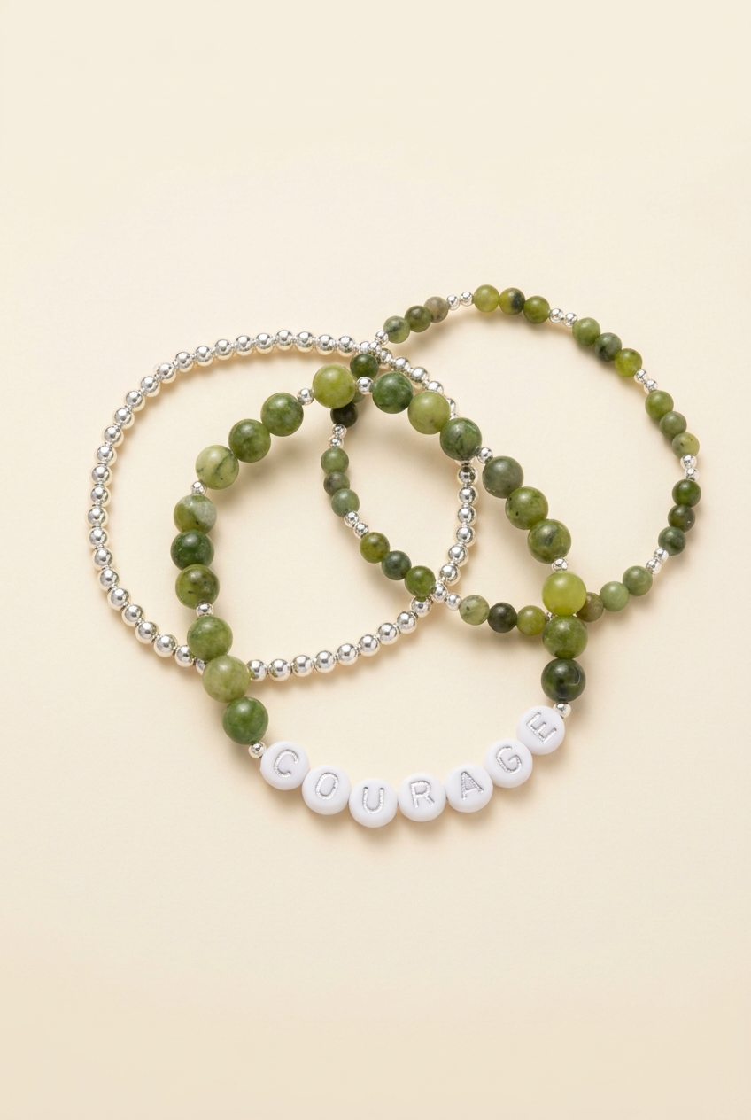 Canadian jade COURAGE three-bracelet set with a silver-plated bead bracelet on ivory