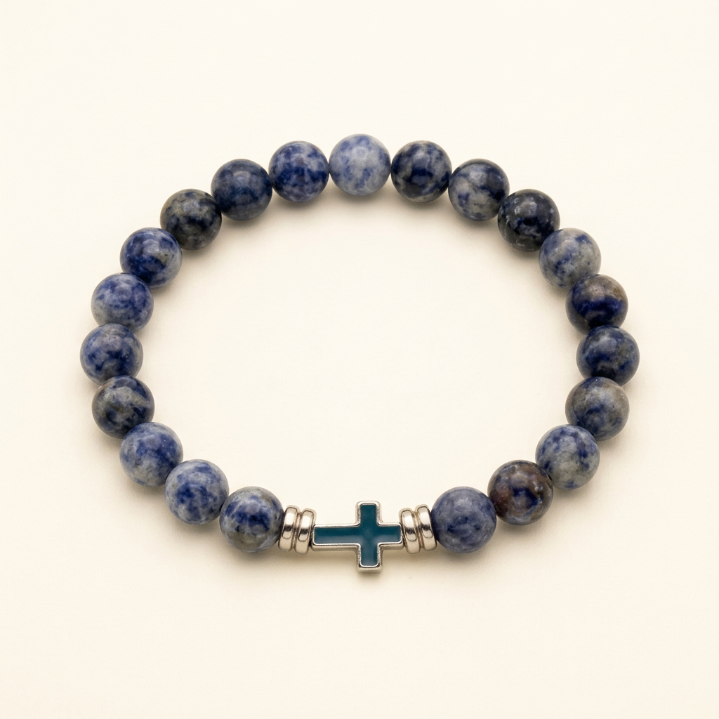 Handmade black larvikite cross bracelet on a warm ivory background