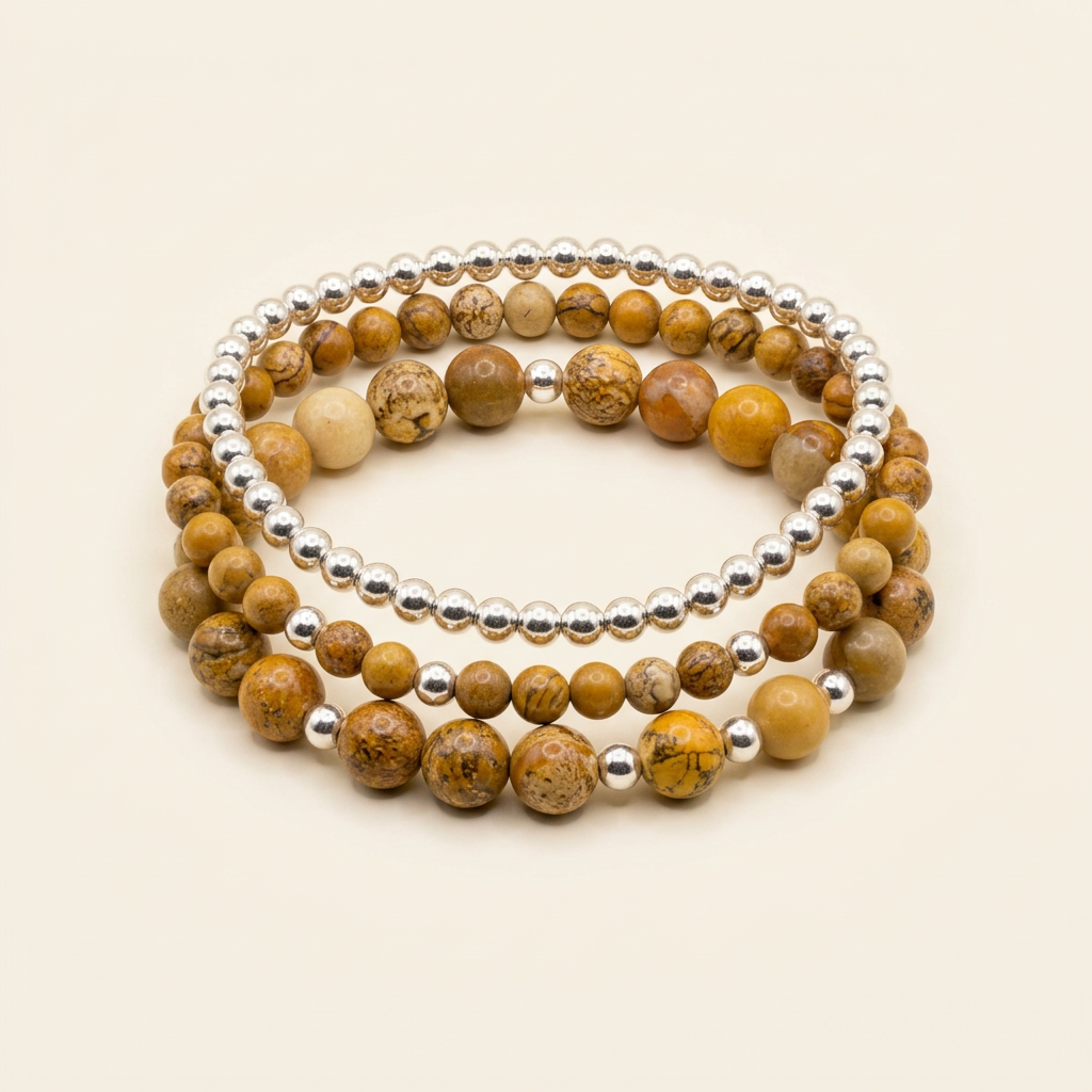 Handmade yellow picture jasper and silver-plated three-bracelet stack on a warm ivory background