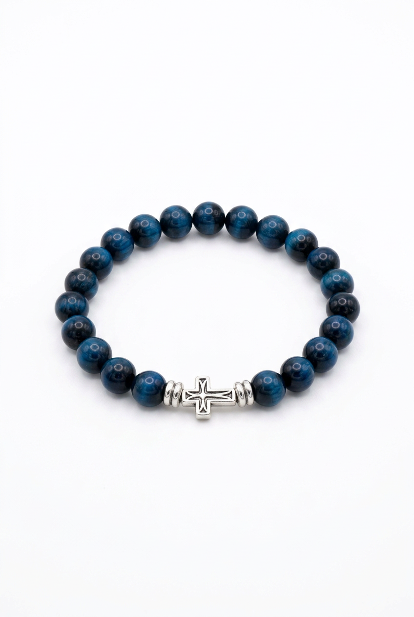 8 mm Aquamarine Tiger Eye Cross Bracelet | United by R&S Jewelry