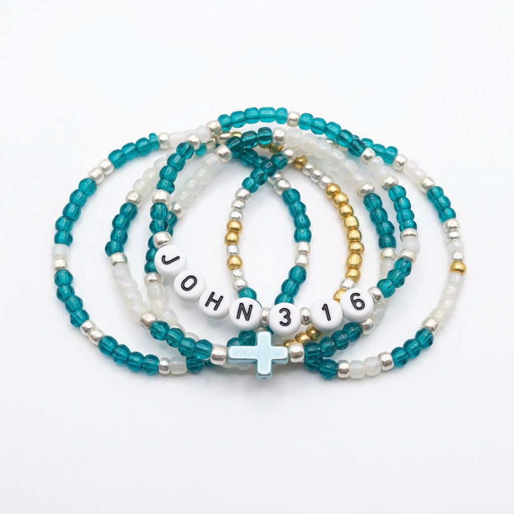 Teal and translucent white beaded faith bracelets with letter-bead accents and a cross detail on a white background.