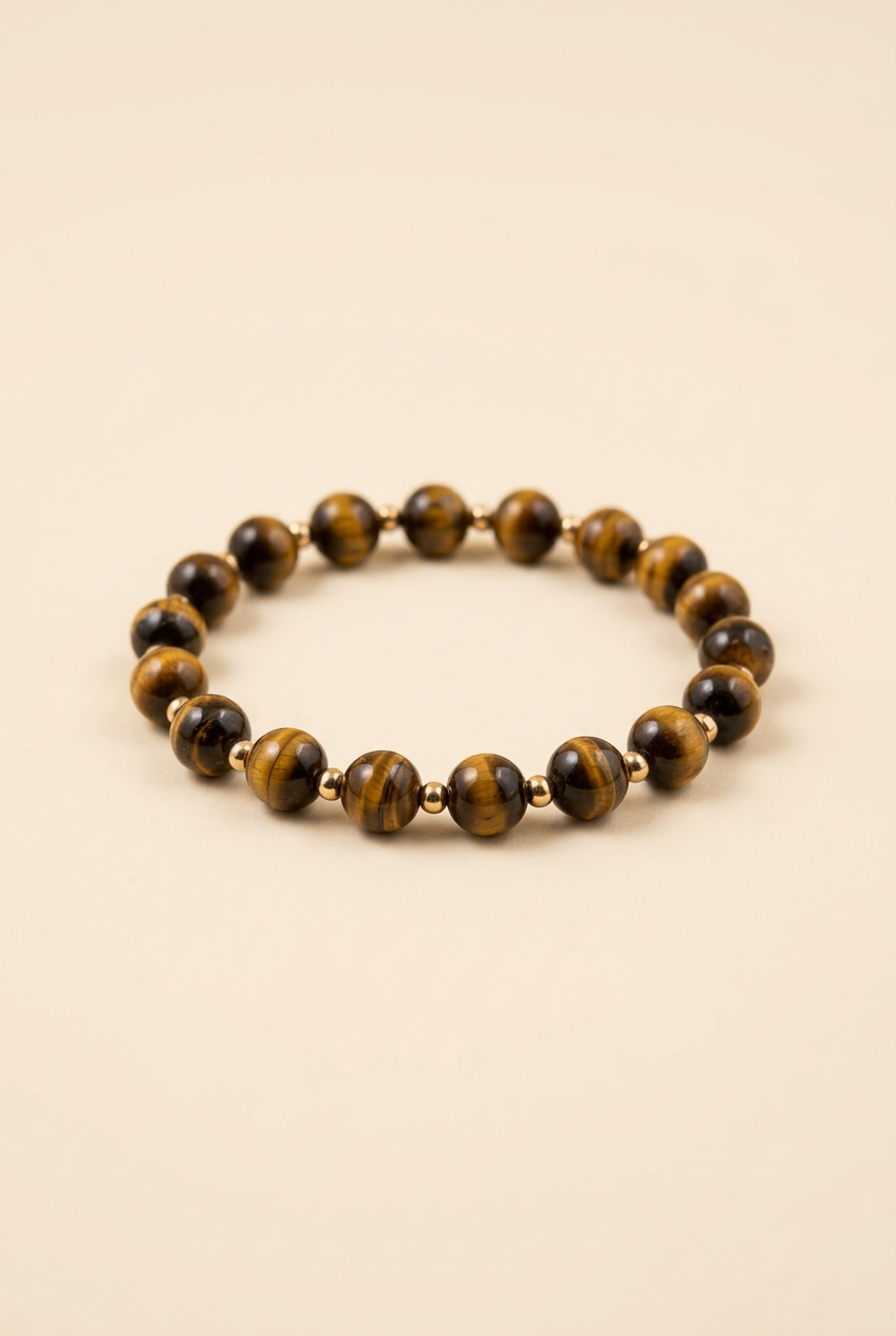 Tiger eye bead bracelet with gold-plated spacers on a warm ivory background