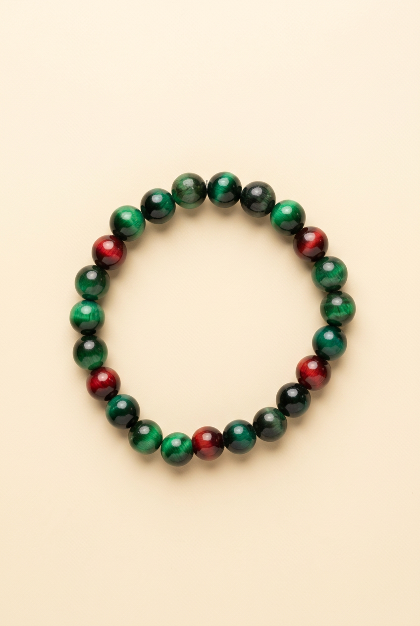 Green and red tiger eye bead bracelet on a warm ivory background