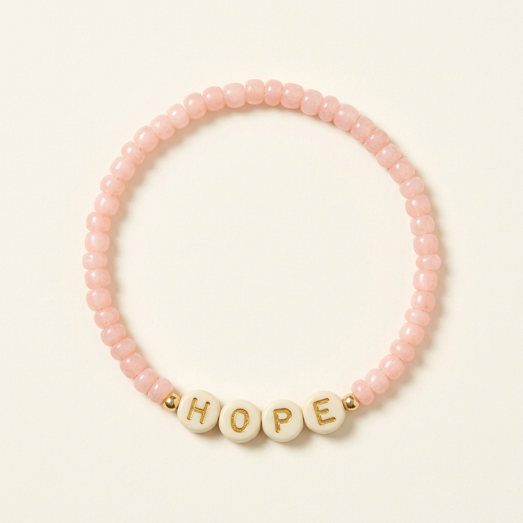 Blush-pink Hope handmade seed bead bracelet with cream letter beads on an ivory background