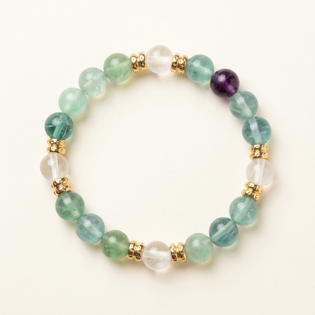 Handmade colorful fluorite bracelet with gold-colored spacers arranged in a circle on a warm ivory background