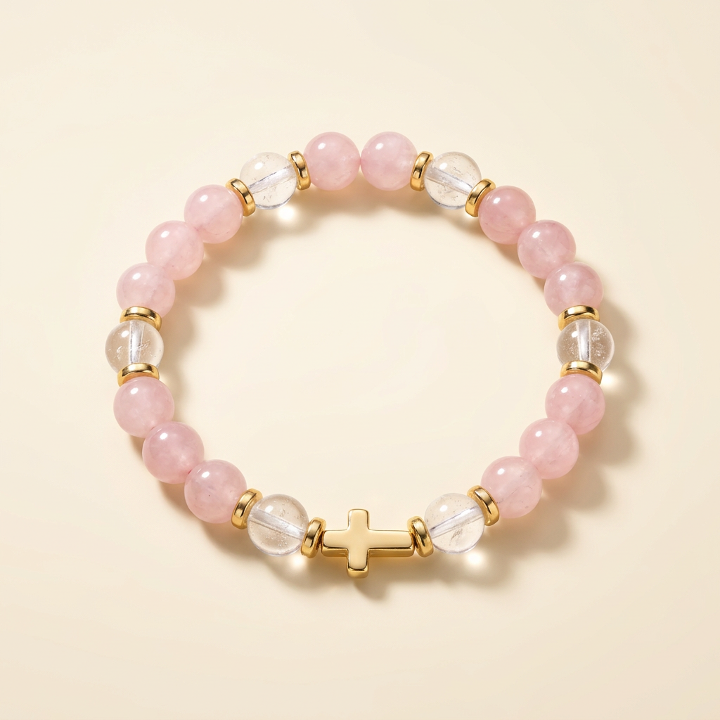 Pink and clear quartz bracelet with gold-plated spacers and a gold-plated cross on a soft cream background