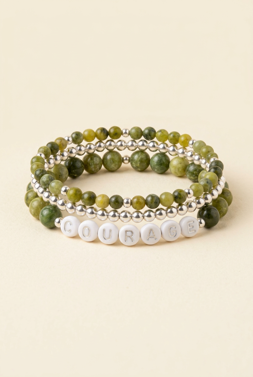 Handmade Canadian jade COURAGE three-bracelet stack with silver-plated details on a warm ivory background