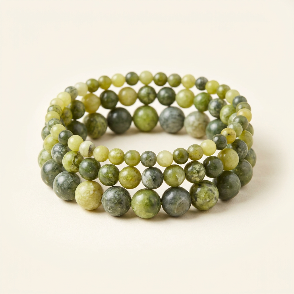 Handmade Canadian jade three-bracelet stack on a warm ivory background