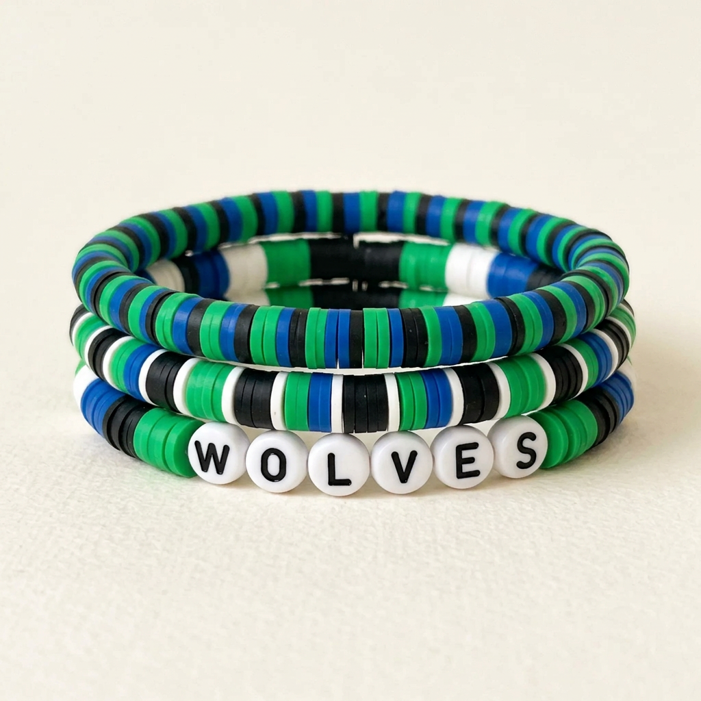 WOLVES green and blue beaded bracelet set arranged in a stack on a warm ivory background