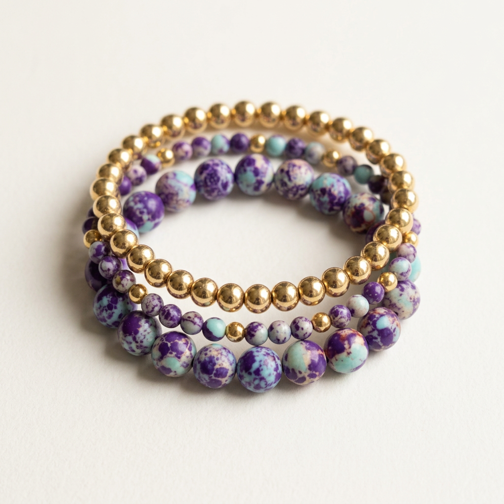 Purple blue imperial jasper and gold-plated bracelets arranged in a stack on a soft ivory background