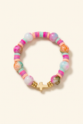 Multicolored round bead and clay bead bracelet in pink, mint, lavender and peach with a gold-colored cross on ivory