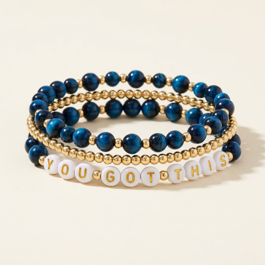 Aquamarine Tigereye and gold-plated three-bracelet stack with YOU GOT THIS lettering