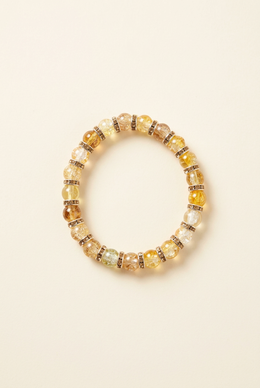 Yellow, amber, and clear glass bead bracelet with spacers on an off-white background