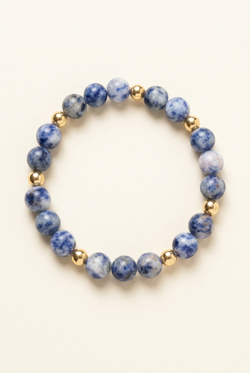 Handmade blue spot Jasper bracelet with gold-plated beads on a warm ivory background