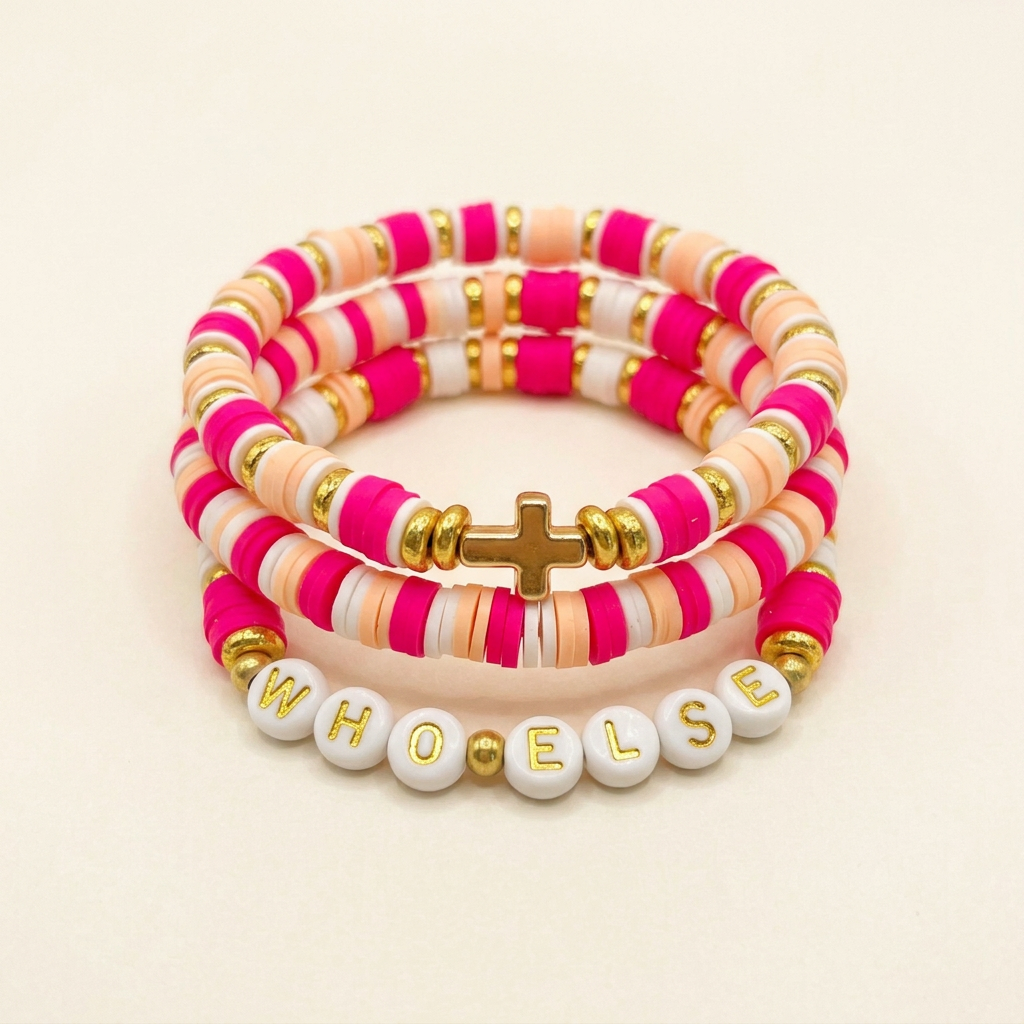 Handmade Who Else clay bead bracelet set of three arranged in a neat stack on a warm ivory background.