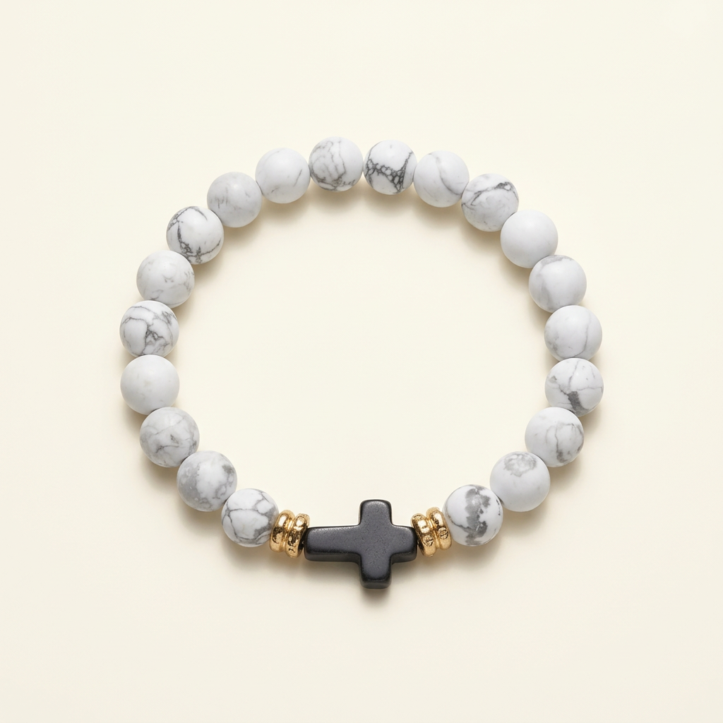 White howlite bead bracelet with gold-tone accents and a black cross on an ivory background