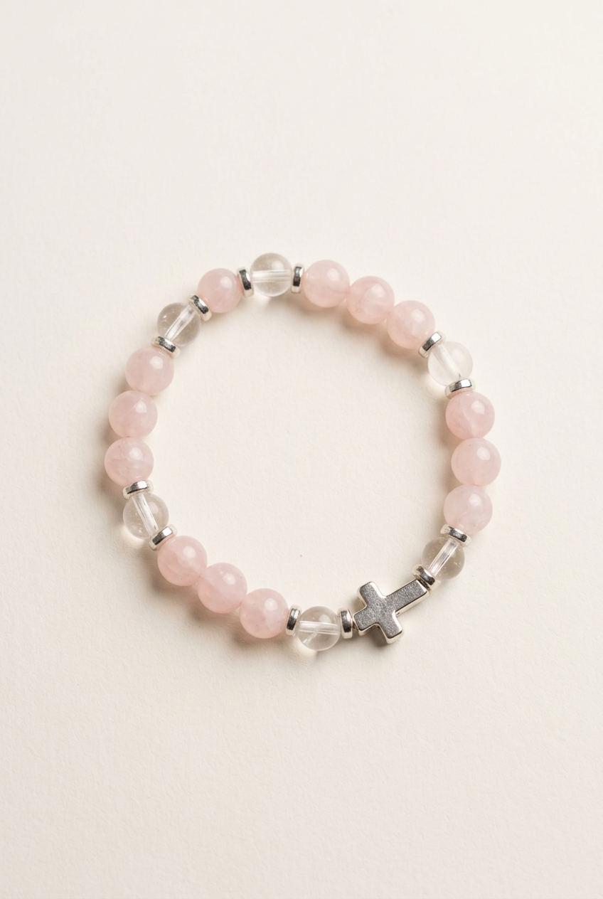 Pink quartz and clear quartz bracelet with a silver-colored cross on an off-white background