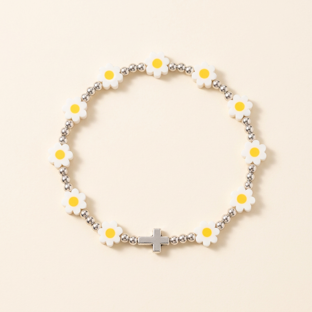 Daisy & Silver-Colored Cross Bracelet – United by R&S Jewelry