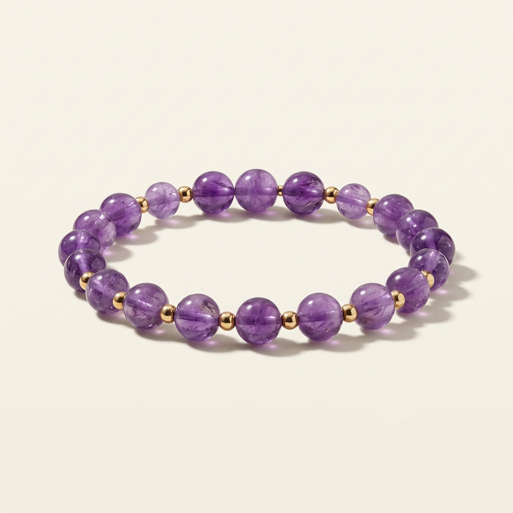 Purple amethyst bead bracelet with gold-plated spacers on a warm-white background
