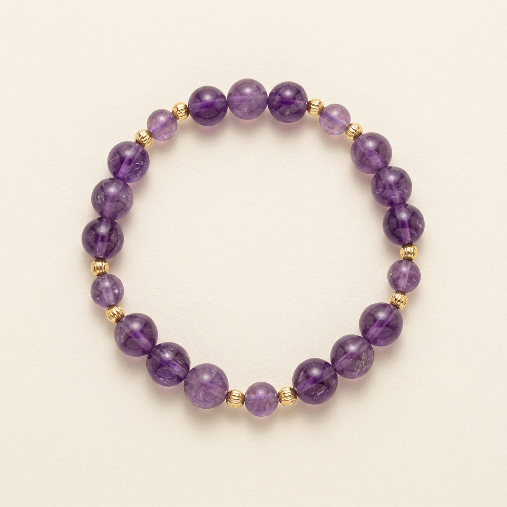 Purple amethyst bracelet with gold-plated spacers arranged in a circle on an ivory background