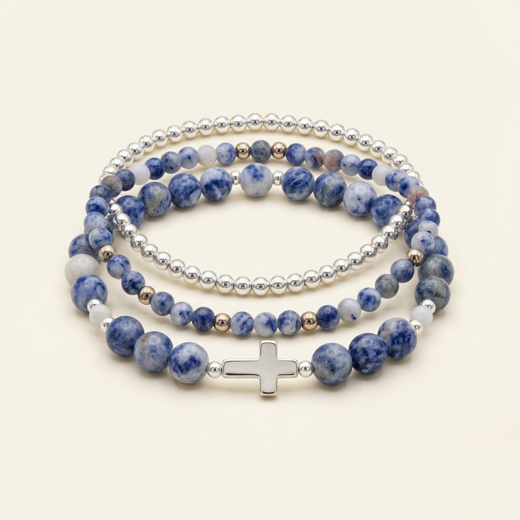 Three blue spot jasper and silver-colored bracelets neatly stacked on an ivory background