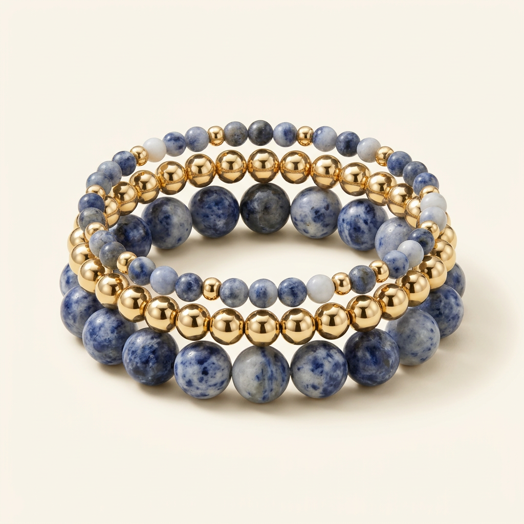 Three handmade blue spot jasper and gold-plated bracelets stacked on a warm ivory background