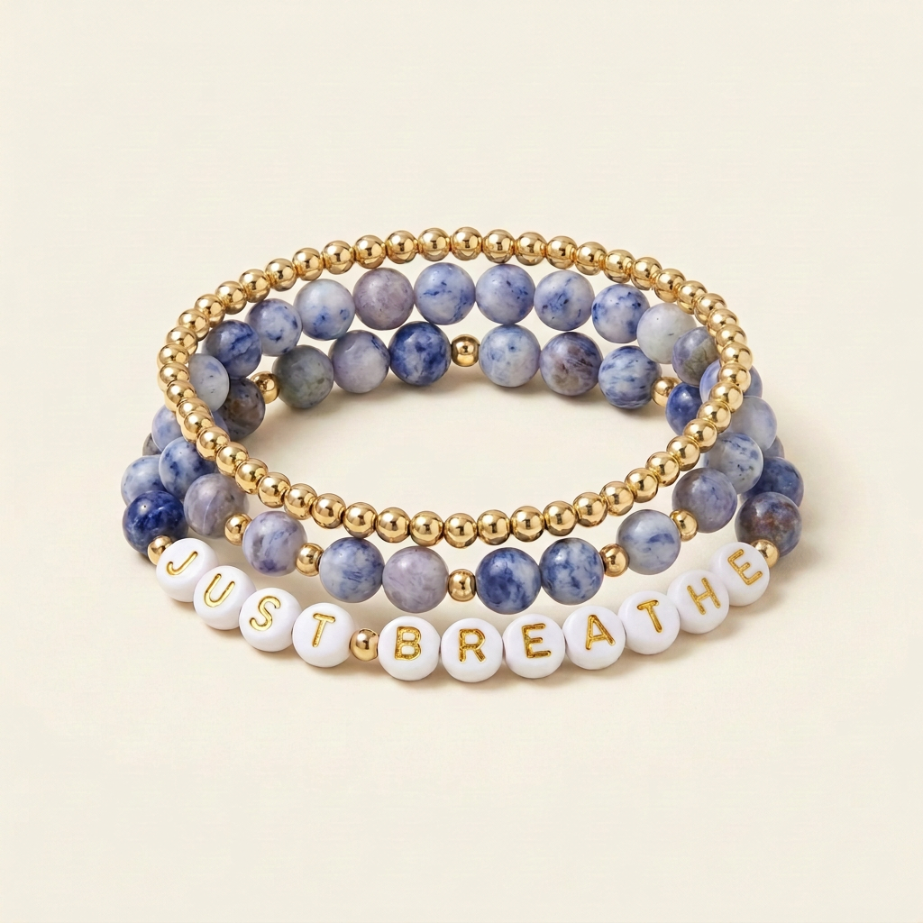 Handmade three-bracelet blue spot Jasper and gold-plated stack with JUST BREATHE letter beads