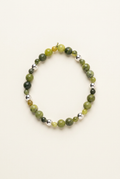 Handmade Canadian Jade bracelet with silver-plated beads on a warm ivory background