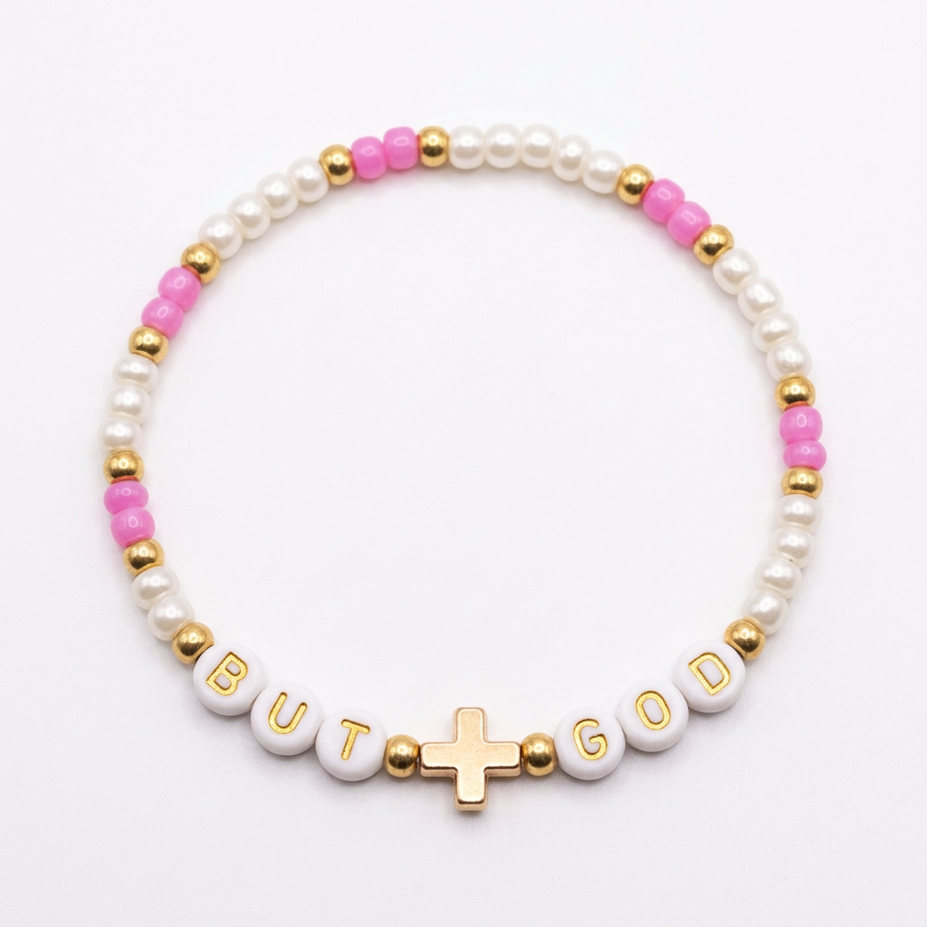 Pink-purple and white seed bead bracelet with BUT GOD letter beads and a gold-colored cross on a white background